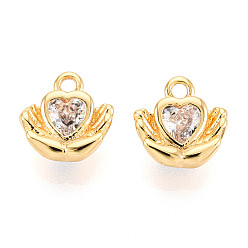 Настоящее золото 18K Латунь прокладывает кубические циркониевые прелести, рука и сердце, долговечный, без никеля , реальный 18 k позолоченный, 9x9x4 мм, отверстие : 1.4 мм