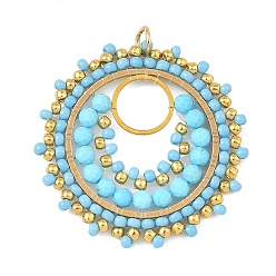 Sky Blue 304 Stainless Steel & Brass & Dyed & Heated Natural Magnesite & TOHO Glass Seed Beaded Pendants, Flat Round Charms, with Open Jump Rings, Sky Blue, 36x35x3.5mm, Hole: 2.5mm