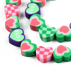 Medium Sea Green Handmade Polymer Clay Beads Strands, Heart with Word Love & Tartan Pattern, Medium Sea Green, 9~9.5x10~11x4~5mm, Hole: 1.5~1.8mm, about 40pcs/strand, 15.35 inch(39cm)