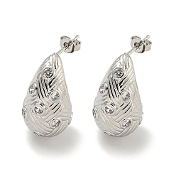 Platine Boucles d'oreilles en laiton avec texture en forme de larme, micro pavé, zircone cubique, pour femmes, sans cadmium et sans plomb, plaqué longue durée, platine, 23x13mm