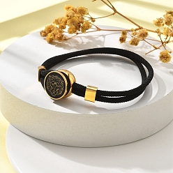 Лео Созвездие нейлоновые шнуры многорядные браслеты, двойная цепочка ювелирные изделия для женщин и мужчин, с золотой латунной фурнитурой и эмалевым шармом, чёрные, Лев, 8 дюйм (20.3 см)