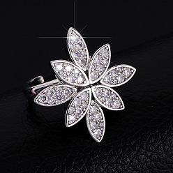 Platin Farbe Messing Micro Pave Zirkonia Manschette offene Ringe, Blume, Platin Farbe, 18 mm