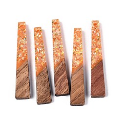 Темно-Оранжевый Подвески из непрозрачной смолы и орехового дерева, трапециевидные подвески, с блестящей пудрой и золотой фольгой, темно-оранжевый, 44.5x8x3~3.5 мм, отверстие : 2 мм