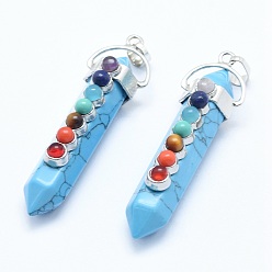 Синтетическая Бирюза Чакра ювелирные изделия, кулоны с острым концом из синтетической бирюзы, с фурнитурой из сплава природного и синтетического камня, пуля, платина, окрашенные, 58~61x16.5~18x15.5~16 мм, отверстие : 4.5x7.5 мм