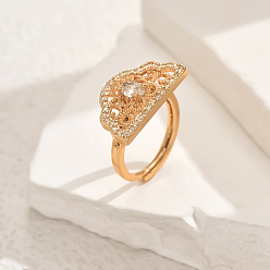 Прозрачный Полые геометрические латунные микропаве регулируемые кольца для женщин, полукруглый, золотые, прозрачные, 23x14 мм, внутренний диаметр: регулируемый