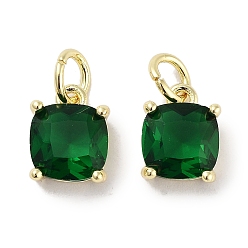 Green Brass Micro Pave Cubic Zirconia Charms, with Jump Ring, Suqare, Real 18K Gold Plated, Green, 9.5x7x3.5mm, Hole: 2.5mm