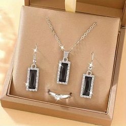 Черный Серьги-подвески и ожерелья с подвесками и кольцами из сплава со стразами для женщин, чёрные, Ожерелье: 450 mm