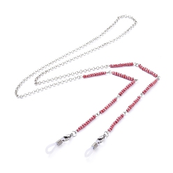 Crimson Eyeglasses Chains, Neck Strap for Eyeglasses, with Brass Rolo Chains, Glass Seed Beads, 304 Stainless Steel Lobster Claw Clasps and Rubber Loop Ends, Crimson, 31.29 inch(79.5cm)