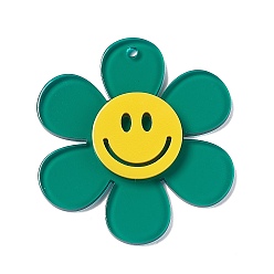 Teal Transparent Acrylic Big Pendants, Sunflower with Smiling Face Charm, Teal, 55x50.5x6mm, Hole: 2.5mm