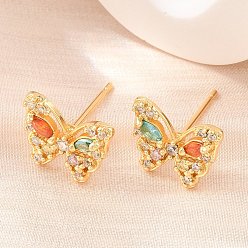 Оранжево-Красный Серьги-гвоздики из латуни с микропаве из кубического циркония для женщин, бабочка, без кадмия и без свинца, долговечный, стойки покрытие, реальный 18 k позолоченный, оранжево-красный, 10.5x13 мм
