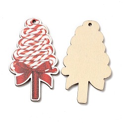 Red Single Face Christmas Printed Wood Big Pendants, Candy Charms, Red, 55x32x2.5mm, Hole: 2mm
