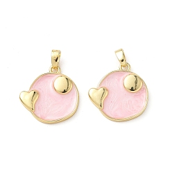 Pink Латунь эмаль подвески, реальный 18 k позолоченный, плоско-круглые с сердцем, розовые, 19x18x3 мм, отверстие : 4.5x2.5 мм