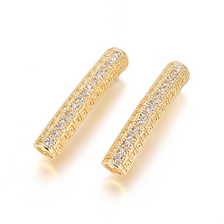 Golden Brass Micro Pave Clear Cubic Zirconia Beads, Long-Lasting Plated, Tube Beads, Golden, 30x6mm, Hole: 3.5mm
