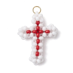 Красный Подвески-крестики из бисера, подвески из стеклянных бусин с узором ткацкого станка, с прыжковых колец, красные, 24.5x19.5x5.5 мм, отверстие : 2.5 мм