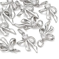 Real Platinum Plated SHEGRACE Brass Clear Cubic Zirconia Pendants, Cadmium Free & Nickel Free & Lead Free, Bowkont Charms, Real Platinum Plated, 15x10x3.5mm, Hole: 2mm