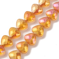 Orange Transparent Electroplate Glass Bead Strands, Rainbow Plated, Heart, Orange, 12x13x7mm, Hole: 1mm, about 55pcs/strand, 25.51''(64.8cm)