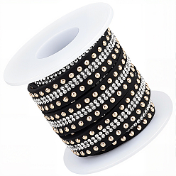 Black 2M PU Leather with Rhinestones Embroidery Sewing Trimming, with 1Pc Plastic Empty Spools, 1Pc Organza Gift Bags with Drawstring, Black, 14x2.5mm