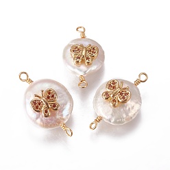 Шоколадный Соединители звеньев натурального жемчуга, с кубического циркония и латуни выводов, плоские круглые с бабочкой, золотые, цвет шоколада, 19~23x10~12x6~9 мм, отверстие : 1.6 мм