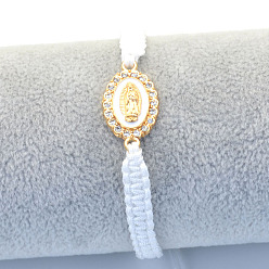 Белый Религиозные браслеты из сплава со стразами и эмалью, плетеные браслеты из хлопкового шнура для женщин, овальные с рисунками " virgin mary", белые, 6.30~11.81 дюйм (16~30 см)