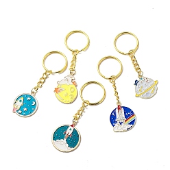 Mixed Color Space Theme Alloy Enamel Flat Round Pendant Keychain, with Iron Ring, Mixed Color, 7.85~8.6cm