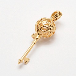 Light Gold Латунные диффузор Locket подвески, подвески для клеток, ключ, без кадмия и без свинца, золотой свет, 36x10x11 мм, отверстия: 2x3 mm, Внутренний размер: 8 mm