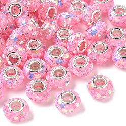 Pink Прозрачные европейские бусины-рондель из смолы, с дисковыми пайетками и латунными сердечниками платинового тона, бусины с большим отверстием, розовые, 14x8.5 мм, отверстие : 5 мм