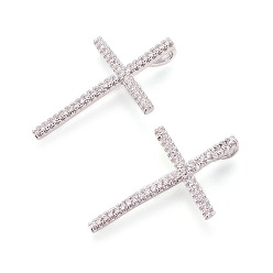 Платина Латунные микро проложить кубического циркония подвески, без свинца и без кадмия, долговечный, крестик, прозрачные, платина, 28x18x2 мм, отверстие : 1.5 мм
