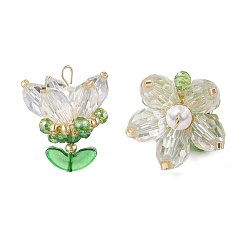 Белый Прозрачные стеклянные подвески, цветочный шарм, со стеклянными жемчужными бусинами и 304 петлями из нержавеющей стали, белые, 29.5x23x22 мм, отверстие : 4x2.5 мм