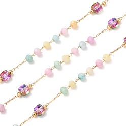 Golden Brass & Glass Beaded Chain, Cube & Rondelle, Soldered, with Spool, Golden, 3.5x3mm