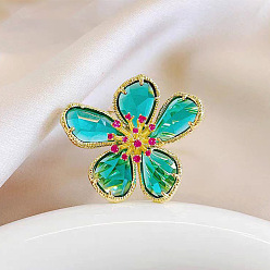 Темно-бирюзовый Кольца-манжеты из сплава и горного хрусталя/синтетического кварца, цветок, темные бирюзовый, внутренний диаметр: 15~20 мм