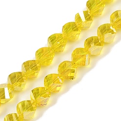 Желтый Гальванизируйте прозрачное стекло бисер нитей, скрученный, граненые, с покрытием AB цвета, желтые, 7.5x8x8 мм, отверстие : 1.4 мм, около 68~71 шт / нитка, 20.87'' (53 см)