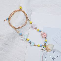 Shell Shape Подвеска в форме ракушки из керамики, морской звезды и смолы, регулируемые ожерелья из хлопкового шнура для женщин, сирень, 20.16 дюйм (51.2 см)