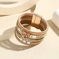 Темный Хаки Многожильные кожаные браслеты с звеньями сердца, словесный браслет с магнитной застежкой ко Дню матери, Темный хаки, 7-7/8 дюйм (20 см)