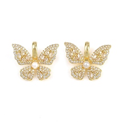 Золотой Латунные микро проложить кубического циркония подвески, бабочка, с ABS имитации жемчуга, долговечный, без кадмия и без свинца, стойки покрытие, золотые, 20.5x24.5x9 мм, отверстие : 6x4 мм