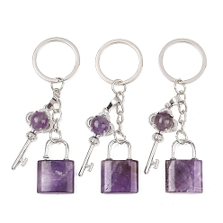Аметист Брелки с подвеской из натурального аметиста, Замок и ключ, с разъемным кольцом для ключей из латуни и железа, стойки покрытие, долговечный, платина, 80 мм