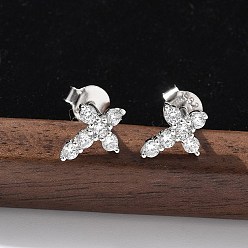 Платина 925 серьги-гвоздики из стерлингового серебра с прозрачным кубическим цирконием, крестик, платина, 10x7.5 мм