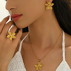 Золотой 304 Наборы из подвесок, сережек-гвоздиков и колец из нержавеющей стали для женщин, цветок, золотые, колье: 15.75 дюйм (40 см)
