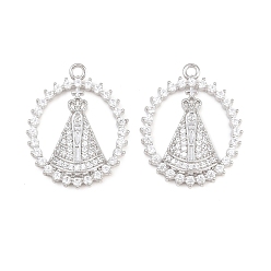 Platino Real Plateado Colgantes religiosos de latón con micropavé de circonitas cúbicas transparentes, Oval con dijes de Nossa Senhora Aparecida., Platino verdadero plateado, 24x19x3.5 mm, agujero: 1.6 mm