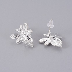 Серебро Изделия из латуни, с пластиковыми ушными гайками и петлей, долговечный, пчела, серебряный цвет гальваническим, 15x14x2 мм, отверстия: 1.5 мм, штифты: 0.7 мм