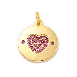 Средний Фиолетово-красный Латунные микро проложить кубического циркония подвески, долговечный, без свинца и без кадмия, золотые, круглые с сердцем, средне фиолетовый красный, 18.5x16x1.5 мм, отверстие : 3 мм