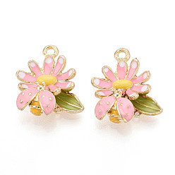 Pink Подвески из эмали и сплава, стойки покрытие, цветочный шарм, золотой свет, розовые, 21x18x6 мм, отверстие : 1.6 мм