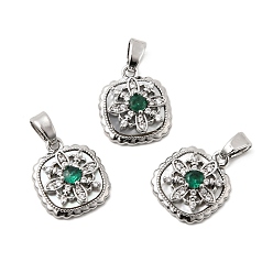 Платина Подвески из натуральной ракушки и зеленого кубического циркония, Латунный квадрат с узором в виде снежинок, платина, 14.5x12.5x4.5 мм, отверстие : 5x3 мм