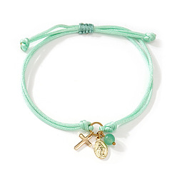 Аквамарин Браслеты ручной работы из регулируемого латунного шнура с подвесками, крест с девственной мари, золотые, аквамарин, 11.02 дюйм (28 см)