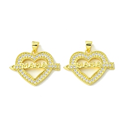 Настоящее золото 18K Подвески из латуни с микро паве ко Дню матери, прозрачные подвески с кубическим цирконием, без кадмия, без никеля и без свинца, сердце со словом мама, реальный 18 k позолоченный, 20x27x3 мм, отверстие : 5x3.5 мм