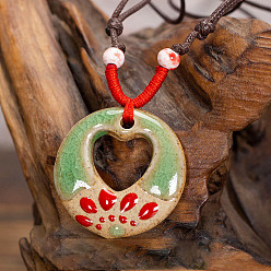 Сердце Ретро этнический фарфоровый кулон регулируемые ожерелья из полиэстерового шнура для женщин, красные и светло-зеленые, сердце, 23.62 дюйм (60 см)