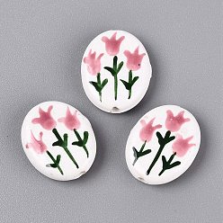 Flamingo Hand Painted Tulip Flower Oval Porcelain Beads, Floral Ceramic Beads, Flamingo, 18~21x15~17x5~6mm, Hole: 1.8~2mm