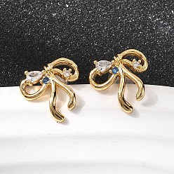 Настоящее золото 18K Серьги-гвоздики из латуни с микро-паве и бантом из прозрачного кубического циркония, без никеля , реальный 18 k позолоченный, 11x11.5 мм