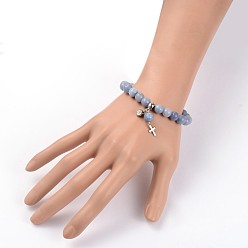 Mixed Stone Natural Mixed Stone Beaded Stretch Charm Bracelets, with Rhinestone and 304 Stainless Steel Findings, 57mm
