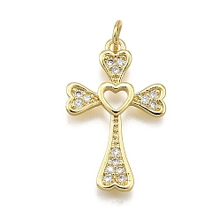 Настоящее золото 18K Латунные микро проложить кубического циркония подвески, крест и сердце, долговечный, без свинца и без кадмия, стойки покрытие, с целью перехода в кольце, реальный 18 k позолоченный, 24x15x2 мм, отверстие : 3.5 мм