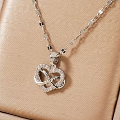 Серебро Ретро минималистичное высококачественное ожерелье с подвеской в виде сердца из латуни с микропаве из прозрачных кубических цирконий и знаком бесконечности для женщин, серебряные, 15.75 дюйм (40 см)